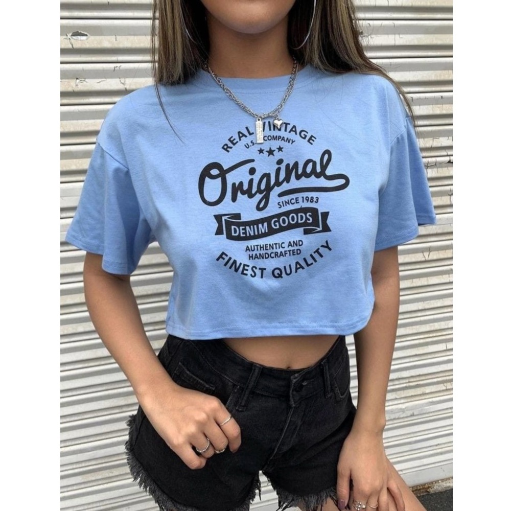 SHEIN Slogan Graphic Drop Shoulder Crop Tee